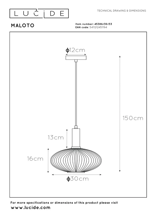 Lucide MALOTO - Lámpara colgante - Ø 30 cm - 1xE27 - Verde - técnico